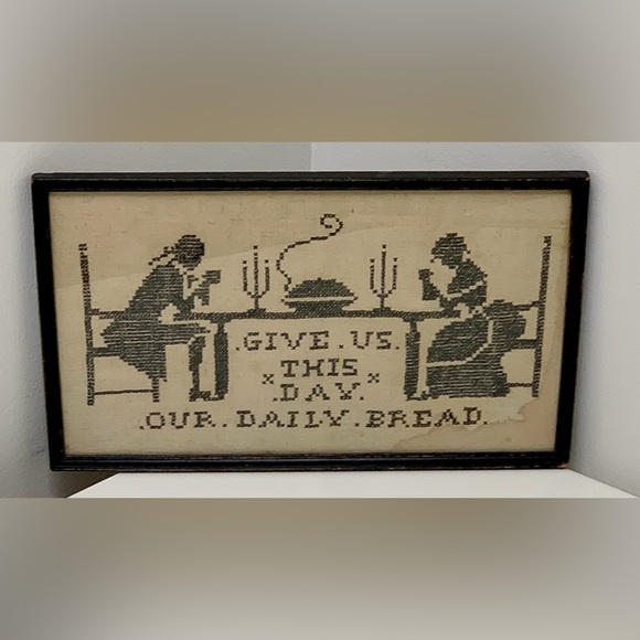 Antique Black Wooden Framed Give Us This Day Our Daily Bread Handmade Sampler - Picture 2 of 13